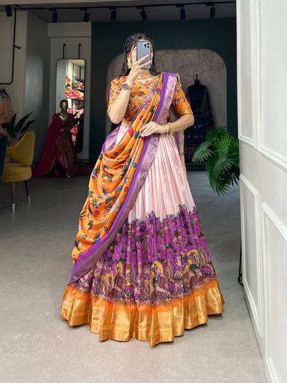 Purple Color Kalamkari Print With Weaving Work Dola Silk Lehenga Choli
