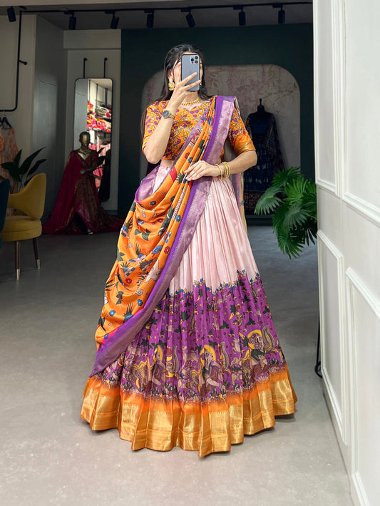 Purple Color Kalamkari Print With Weaving Work Dola Silk Lehenga Choli