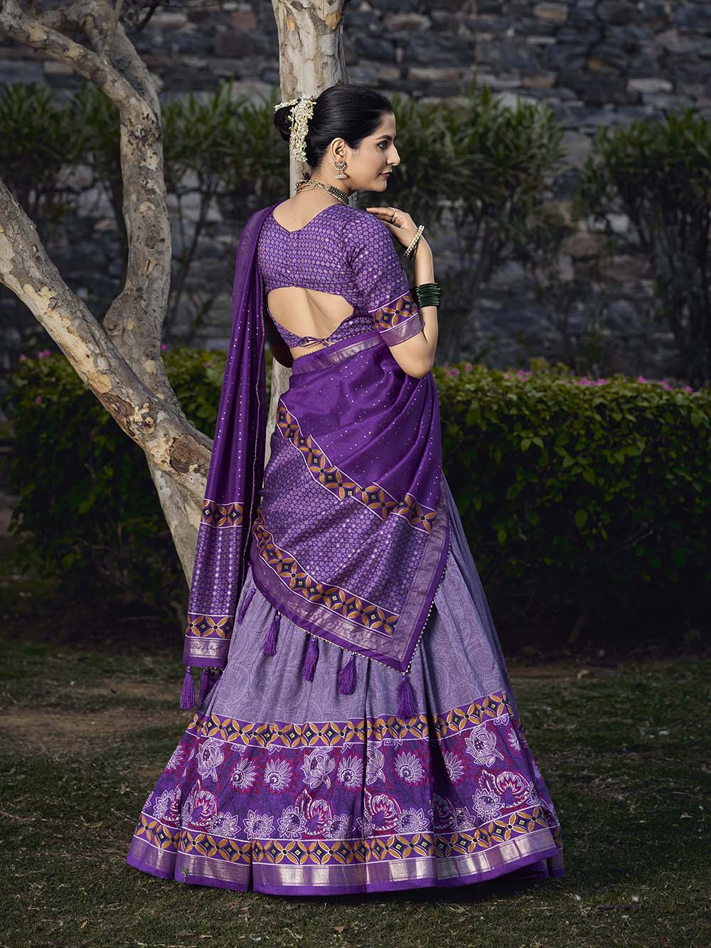 Purple Color Floral Print With Foil Print Tussar Silk Lehenga Choli