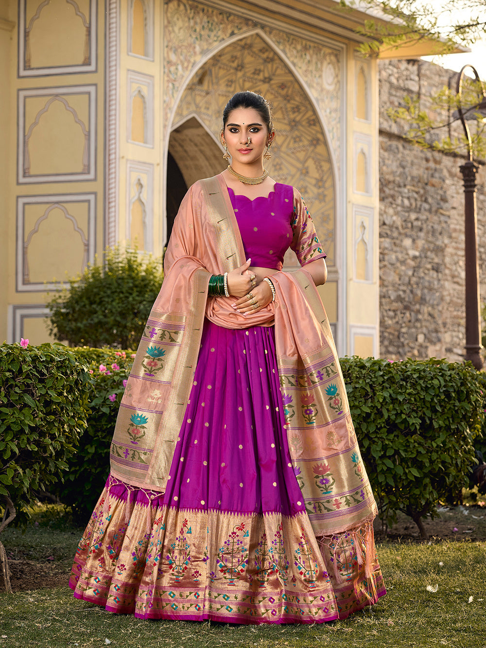 Purple Color Jacquard Silk Paithani Weaving Zari Work Wedding Wear Lehenga Choli