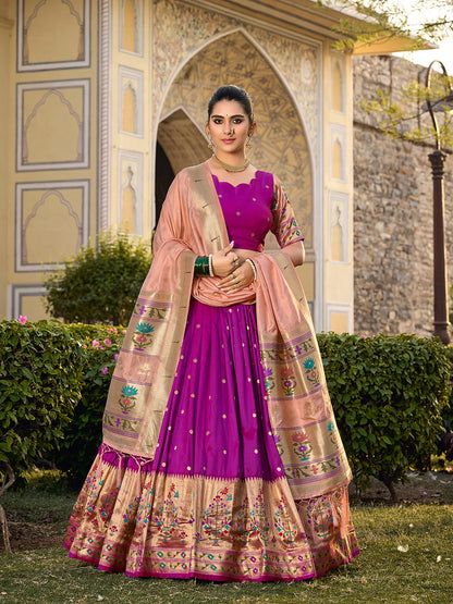 Purple Color Jacquard Silk Paithani Weaving Zari Work Wedding Wear Lehenga Choli