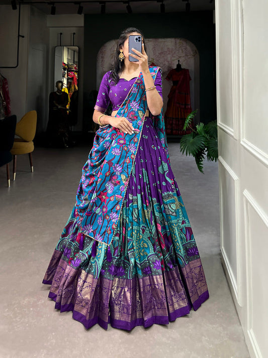 Purple Color Kalamkari Print With Foil Work Tussar Silk Lehenga Choli