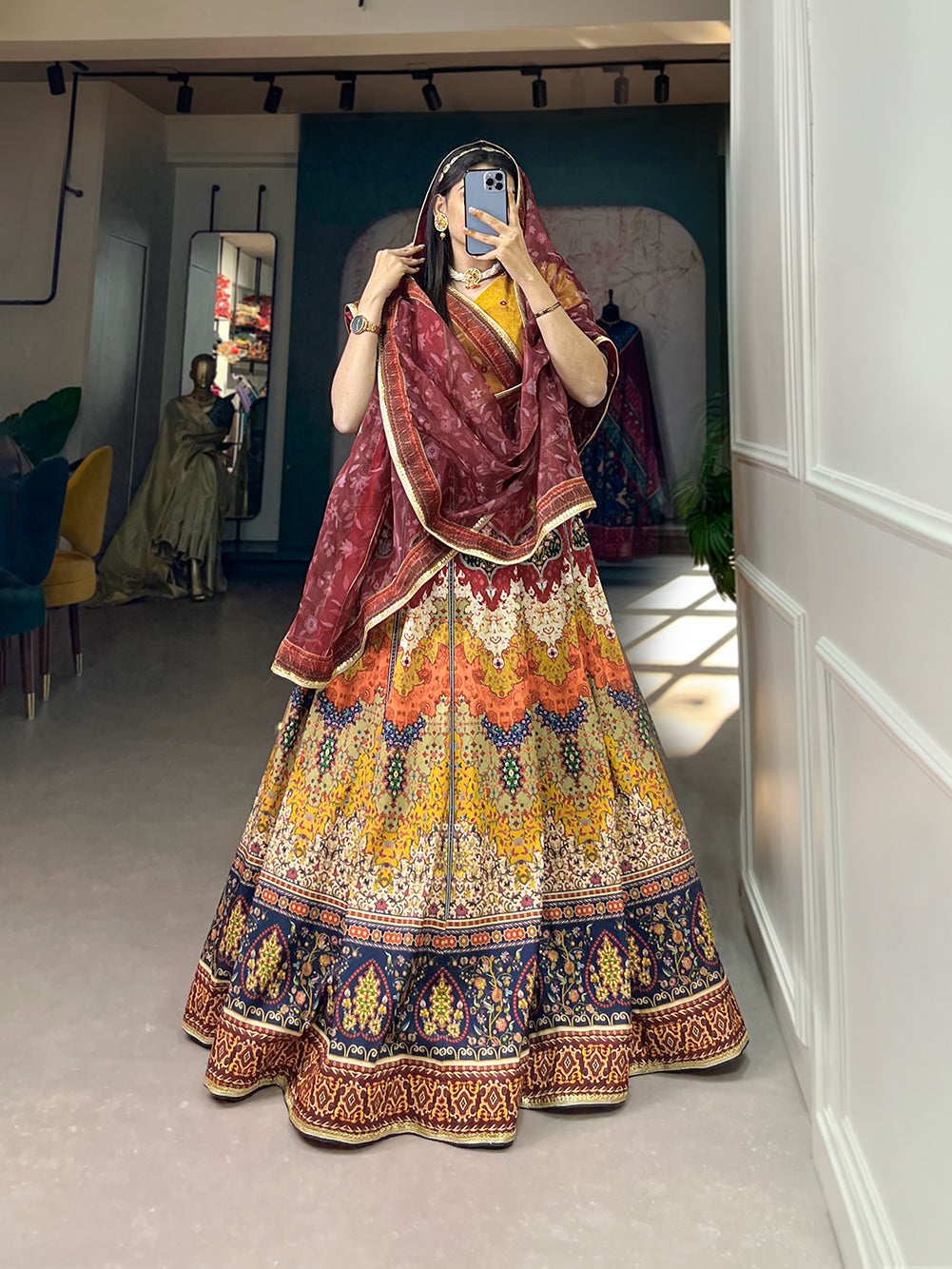 Brown Color Printed With Sequins Lace Border Vaishali Silk Rajasthani Lehenga Choli
