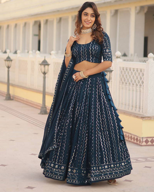 Blooming Soft Georgette Heavy Embroidery Threaded Semi Stitched Rama Lehenga Choli