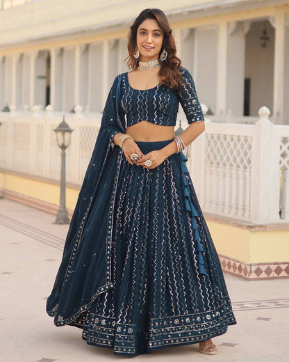 Blooming Soft Georgette Heavy Embroidery Threaded Semi Stitched Rama Lehenga Choli