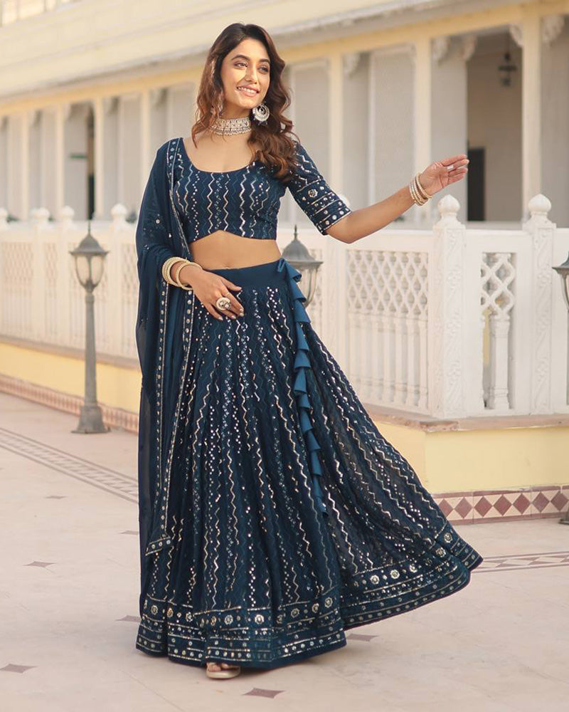 Blooming Soft Georgette Heavy Embroidery Threaded Semi Stitched Rama Lehenga Choli