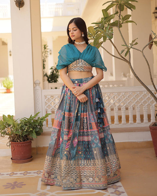 Designer Russian Silk Embroidery Crop Top Rama Lehenga Choli