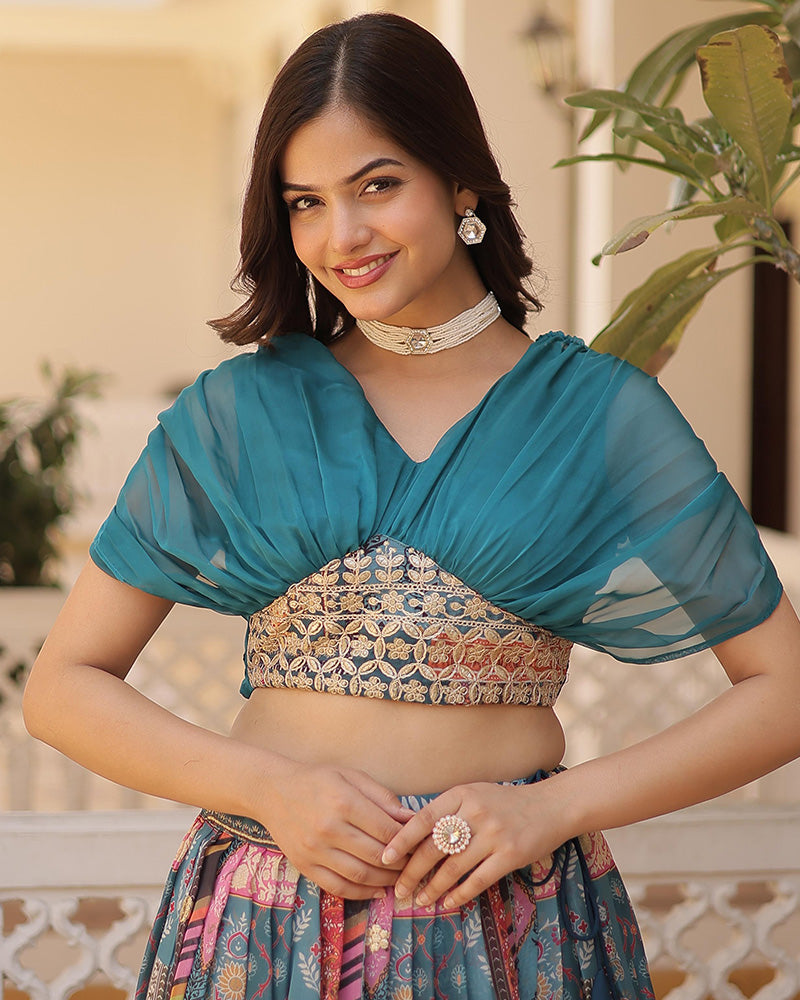 Designer Russian Silk Embroidery Crop Top Rama Lehenga Choli
