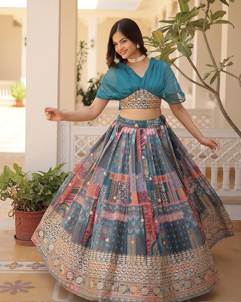 Designer Russian Silk Embroidery Crop Top Rama Lehenga Choli