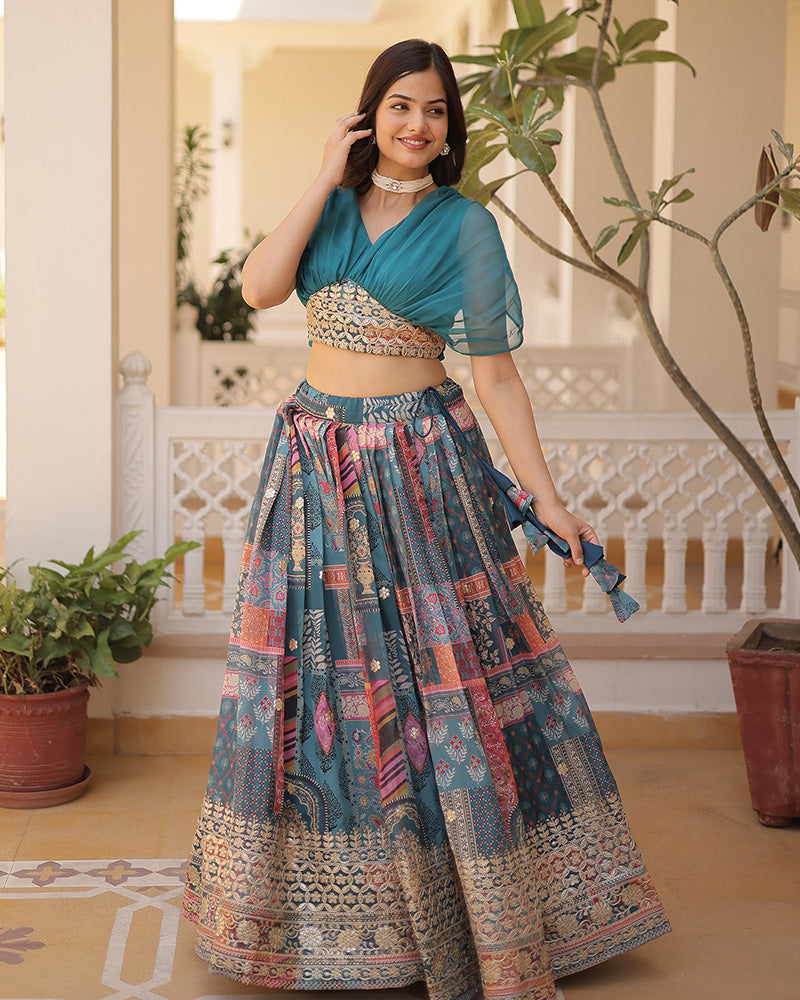 Designer Russian Silk Embroidery Crop Top Rama Lehenga Choli