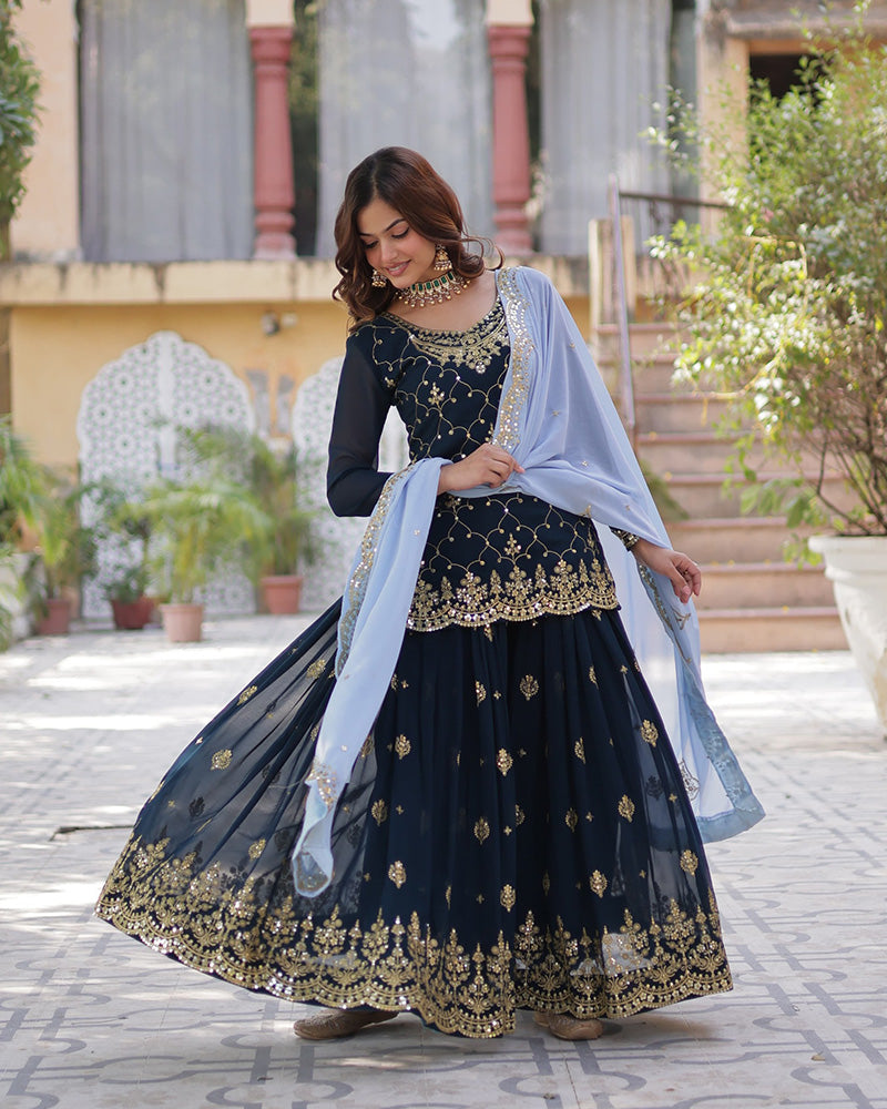 Rama Color Faux Blooming Embroidered Palazzo Suit