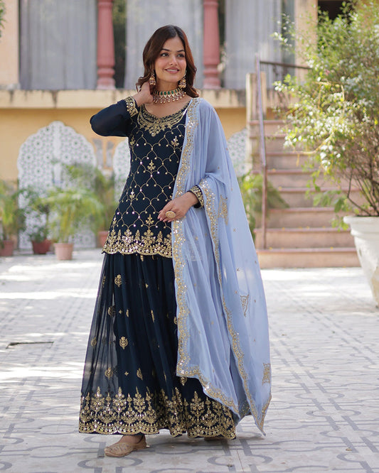 Rama Color Faux Blooming Embroidered Palazzo Suit