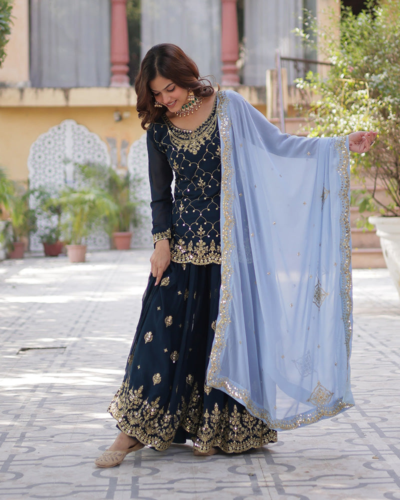 Rama Color Faux Blooming Embroidered Palazzo Suit