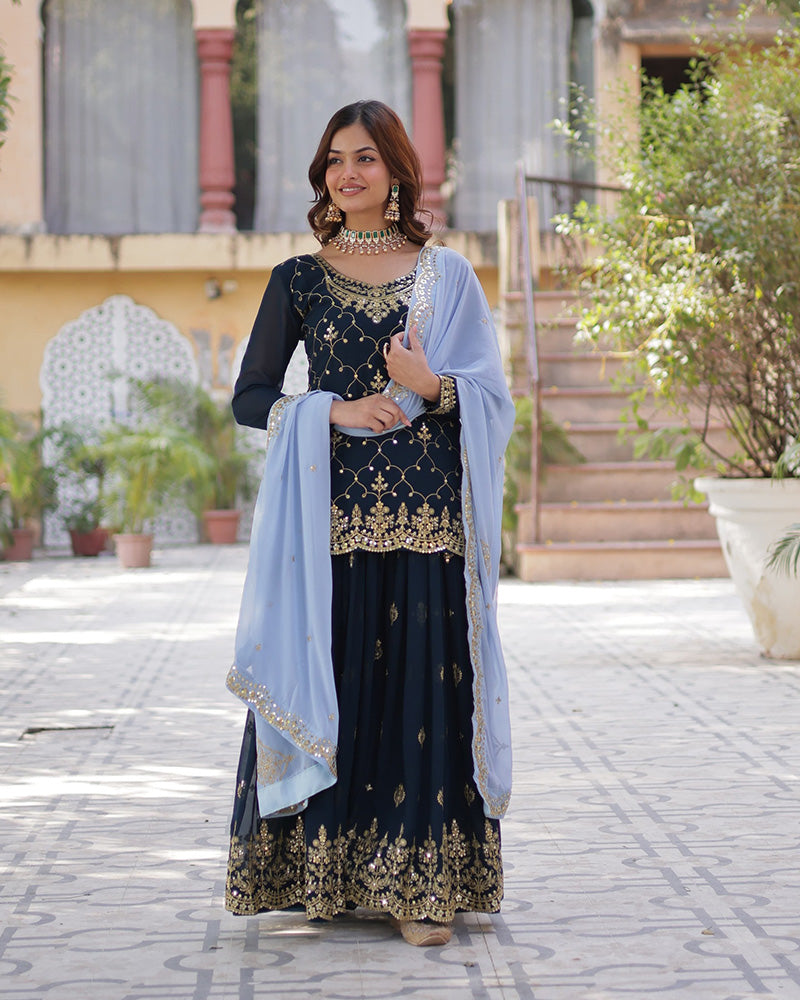 Rama Color Faux Blooming Embroidered Palazzo Suit