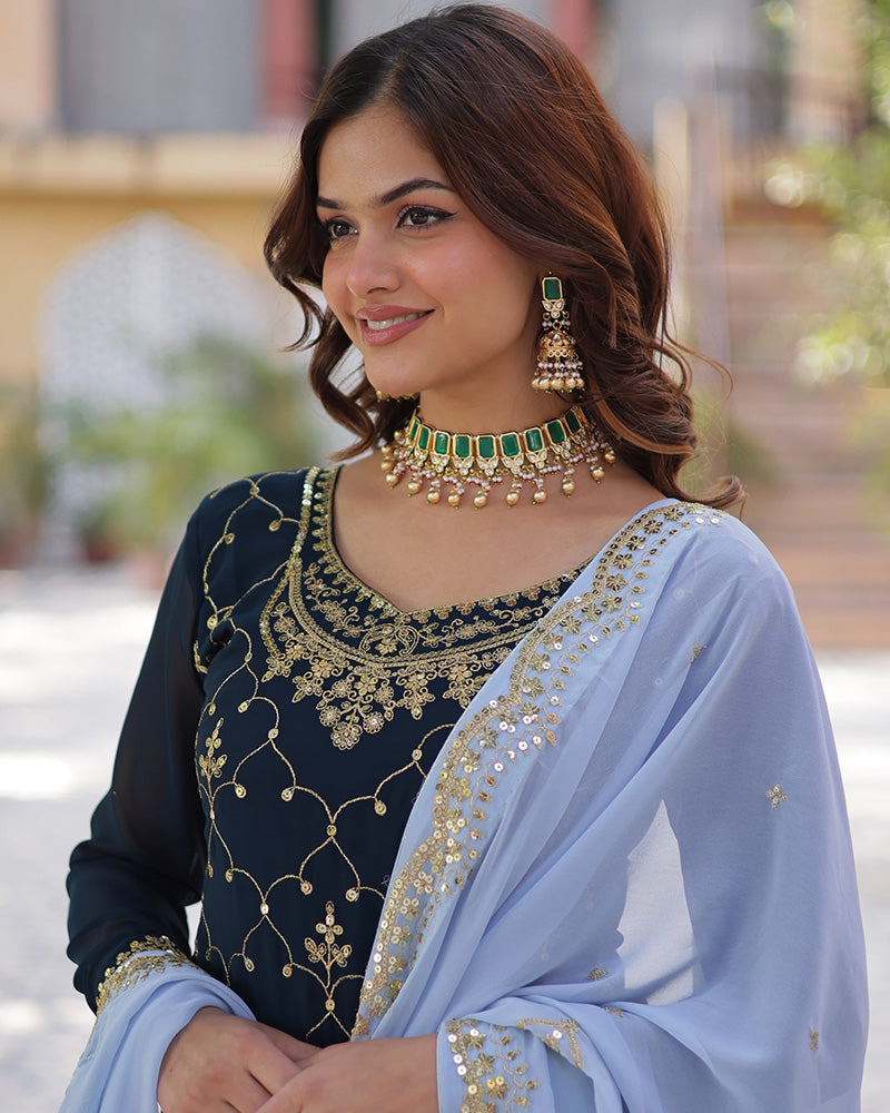 Rama Color Faux Blooming Embroidered Palazzo Suit