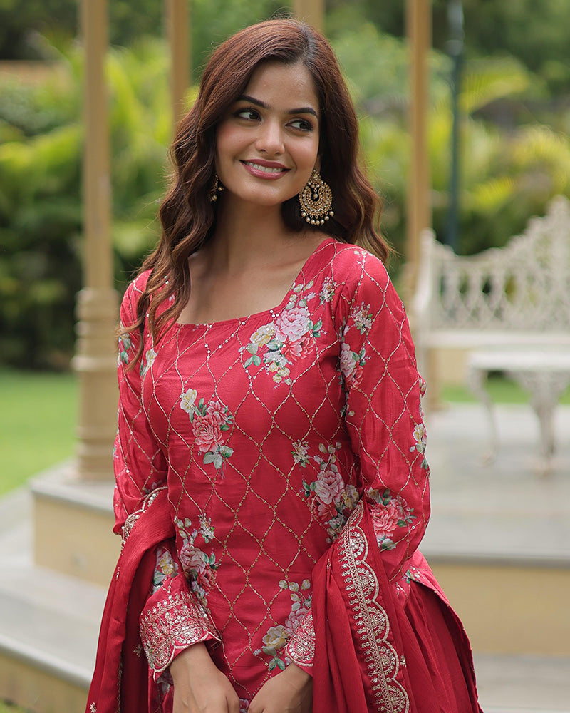 Rani Pink Color Chinnon Printed Palazzo Suit Set With Dupatta