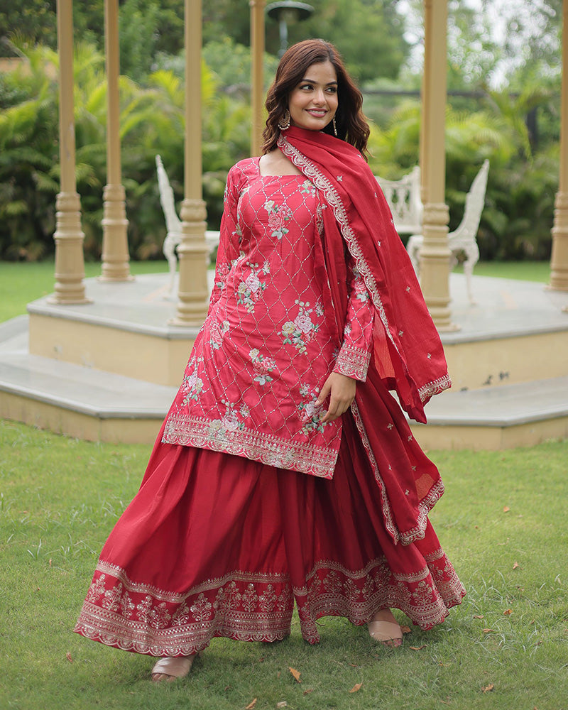 Rani Pink Color Chinnon Printed Palazzo Suit Set With Dupatta