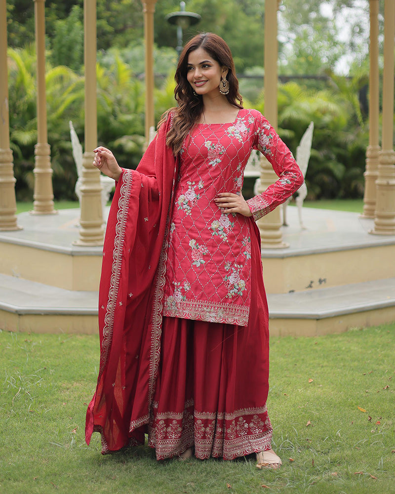Rani Pink Color Chinnon Printed Palazzo Suit Set With Dupatta