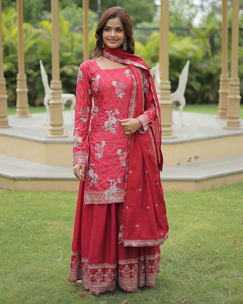 Rani Pink Color Chinnon Printed Palazzo Suit Set With Dupatta