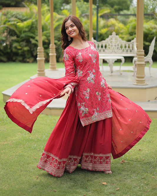 Rani Pink Color Chinnon Printed Palazzo Suit Set With Dupatta
