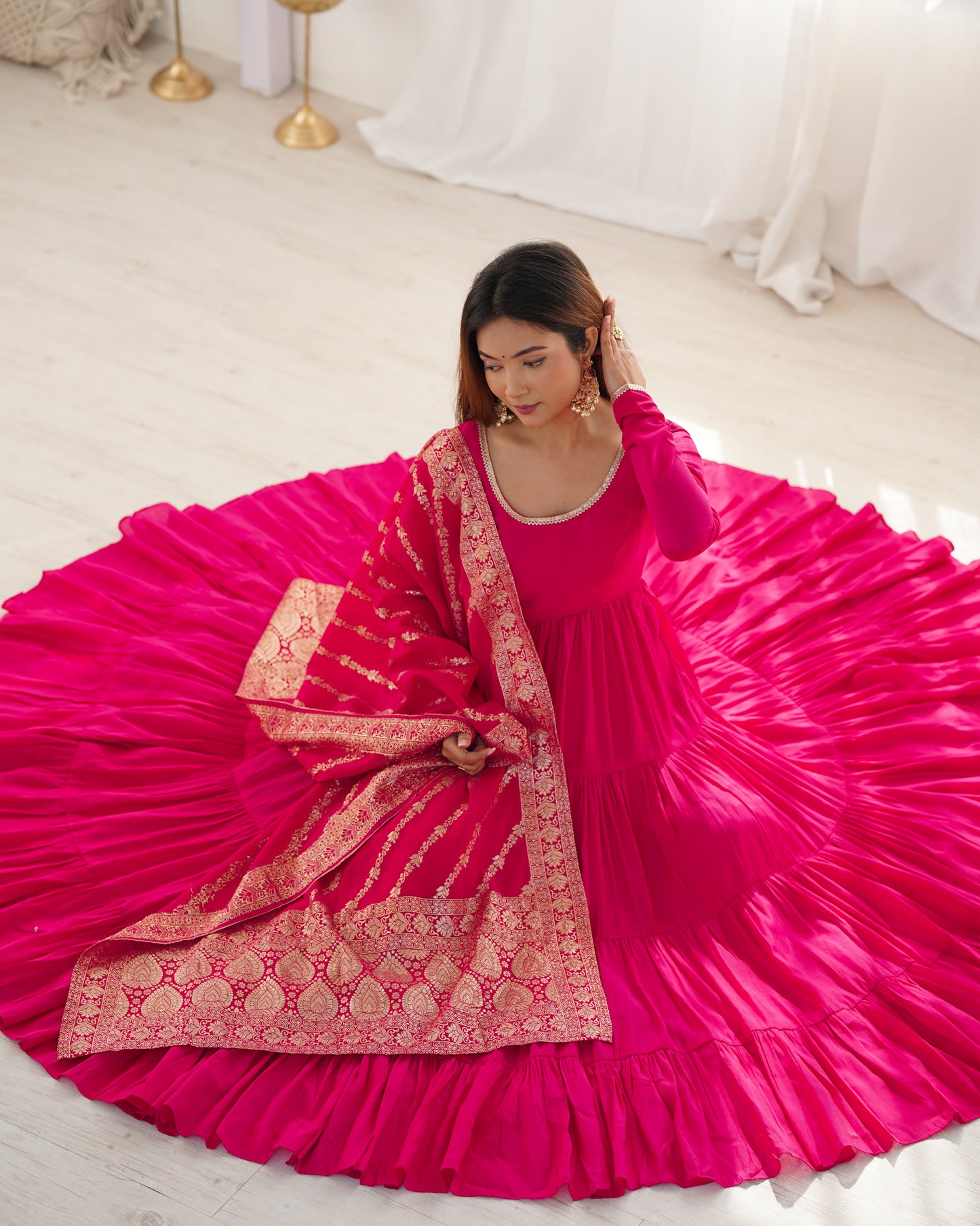 Rani Pink Color Pure Roman Silk Ruffle Style Anarkali Gown
