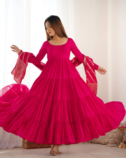 Rani Pink Color Pure Roman Silk Ruffle Style Anarkali Gown