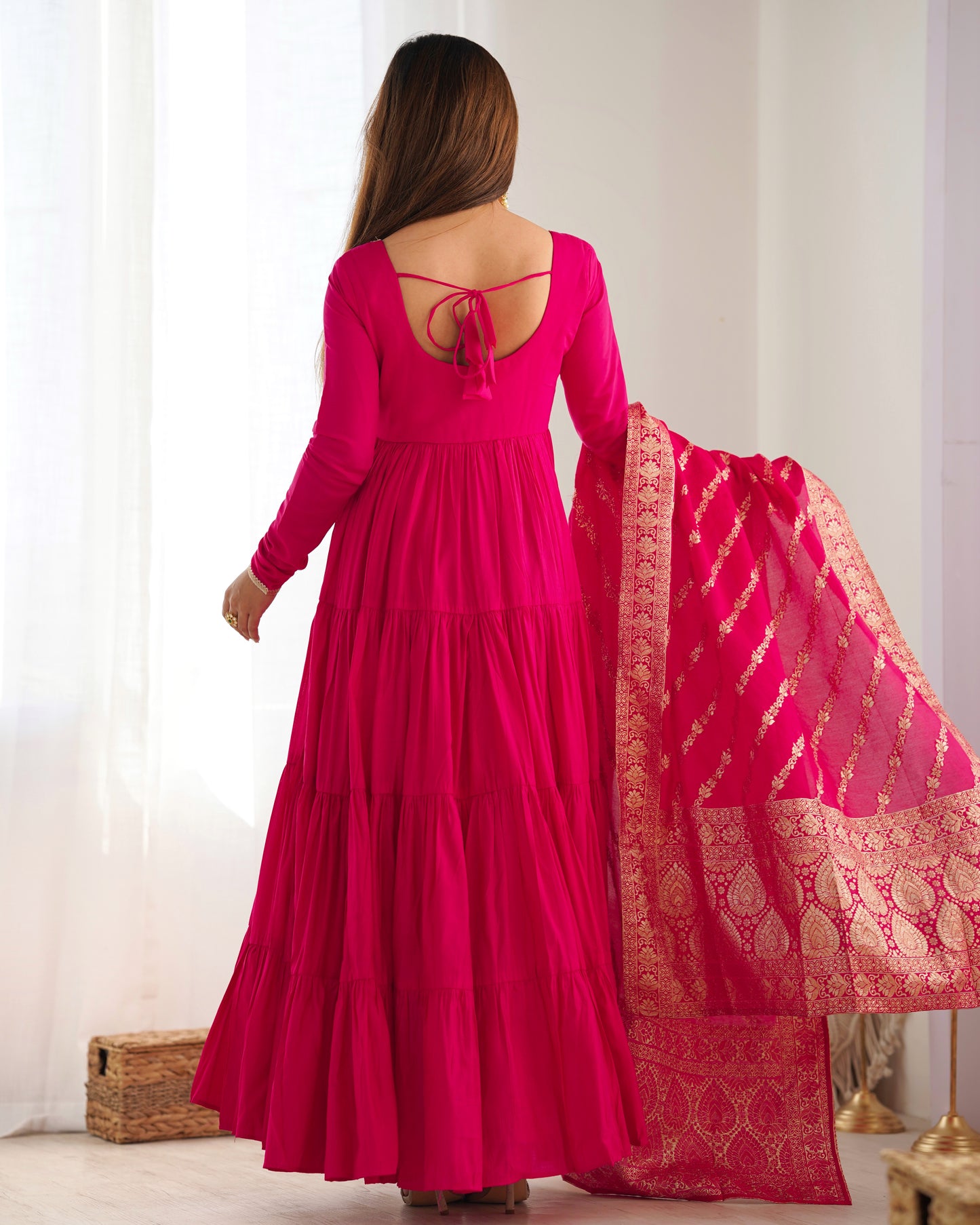 Rani Pink Color Pure Roman Silk Ruffle Style Anarkali Gown