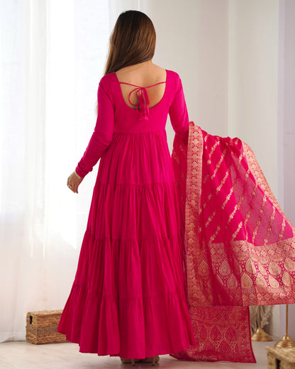 Rani Pink Color Pure Roman Silk Ruffle Style Anarkali Gown