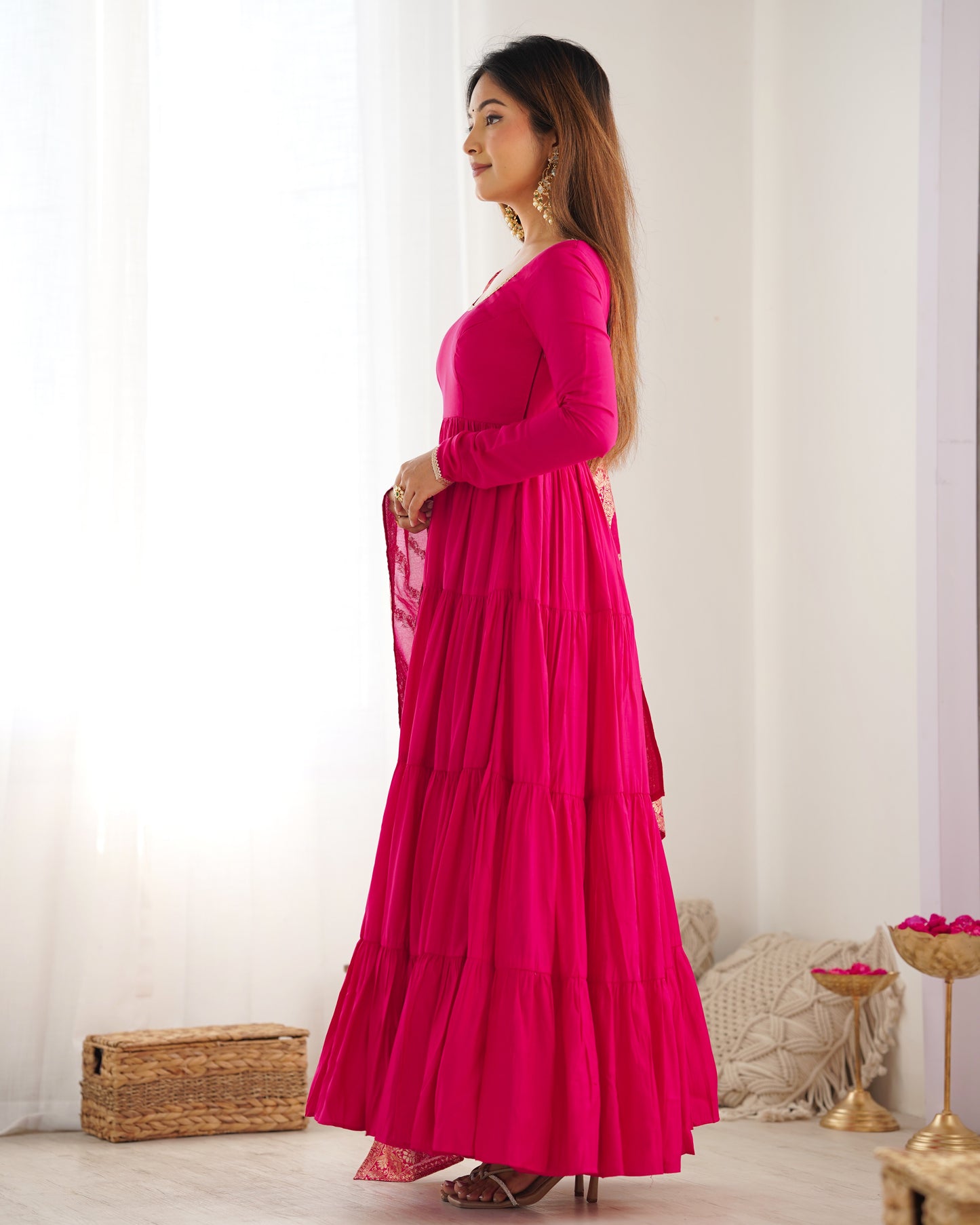 Rani Pink Color Pure Roman Silk Ruffle Style Anarkali Gown