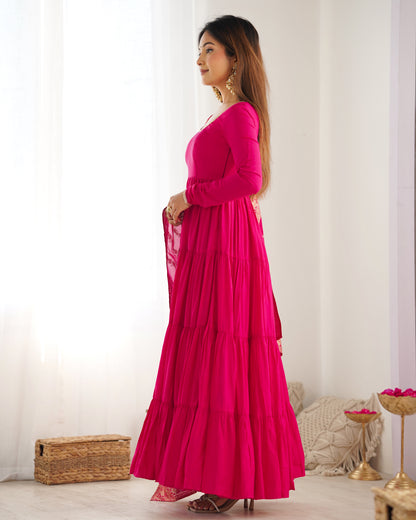 Rani Pink Color Pure Roman Silk Ruffle Style Anarkali Gown