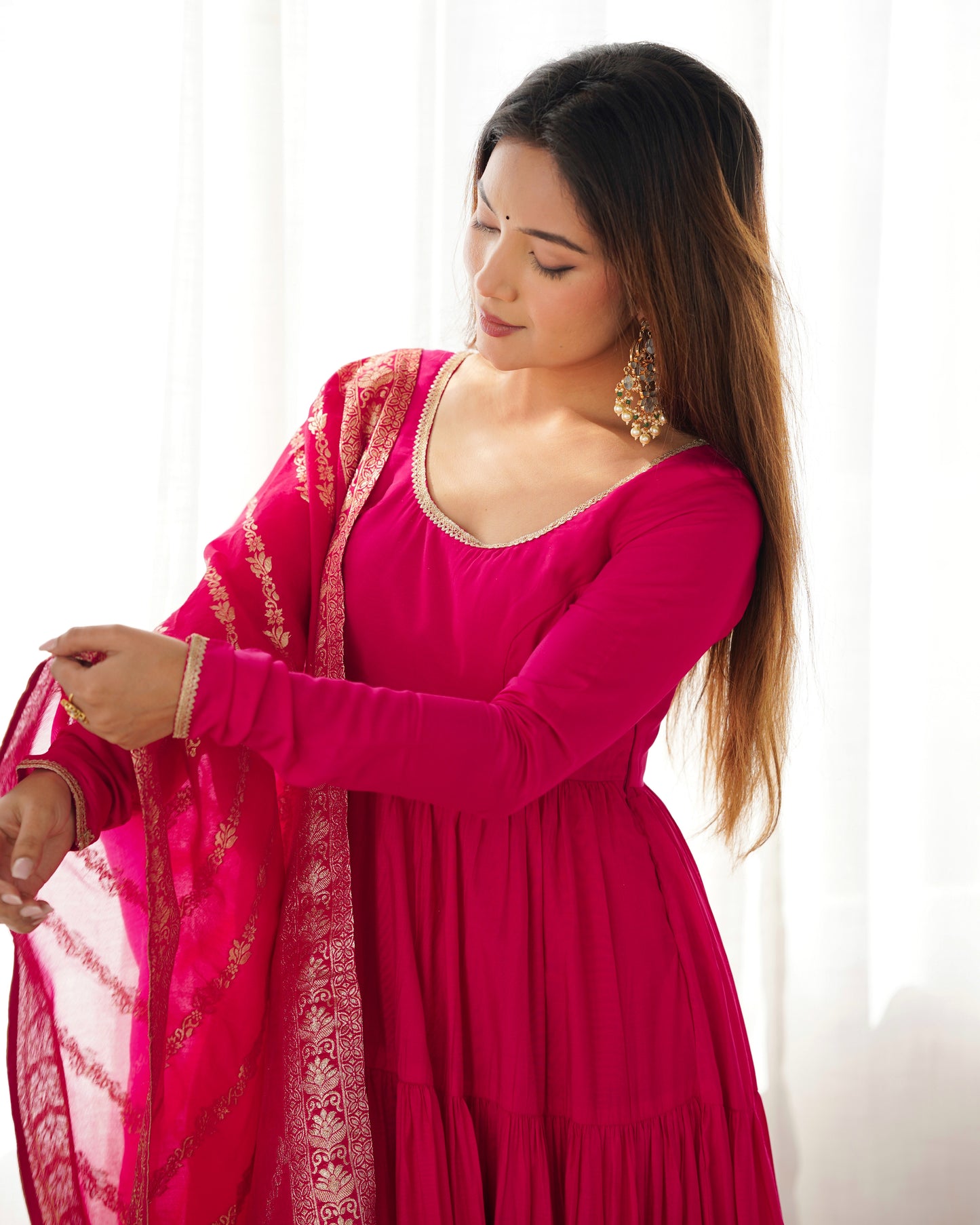 Rani Pink Color Pure Roman Silk Ruffle Style Anarkali Gown
