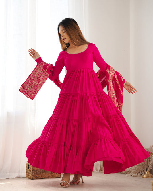 Rani Pink Color Pure Roman Silk Ruffle Style Anarkali Gown