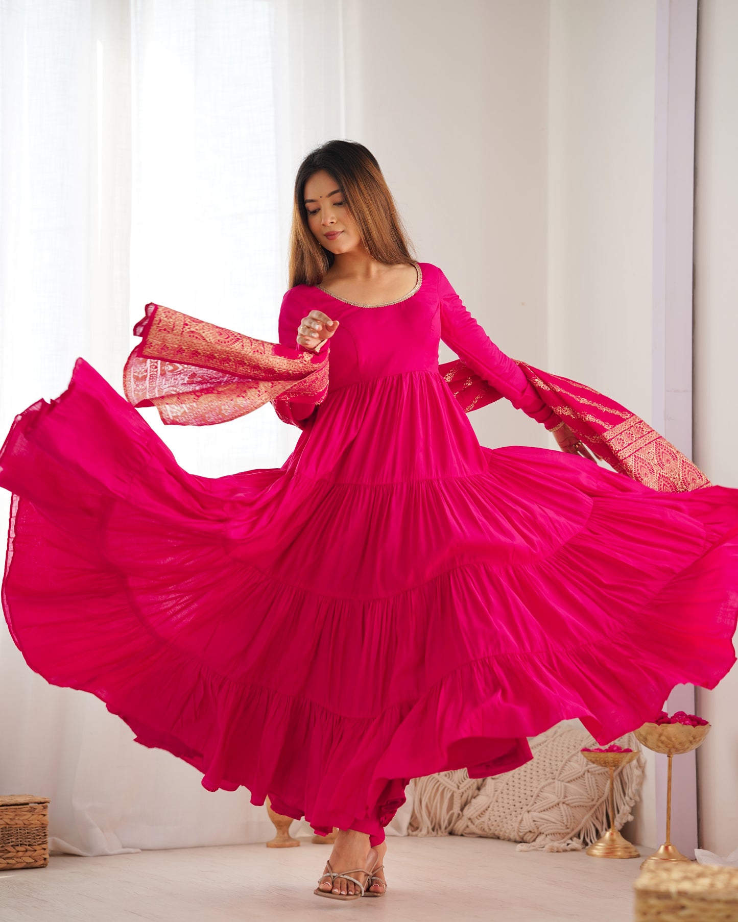 Rani Pink Color Pure Roman Silk Ruffle Style Anarkali Gown