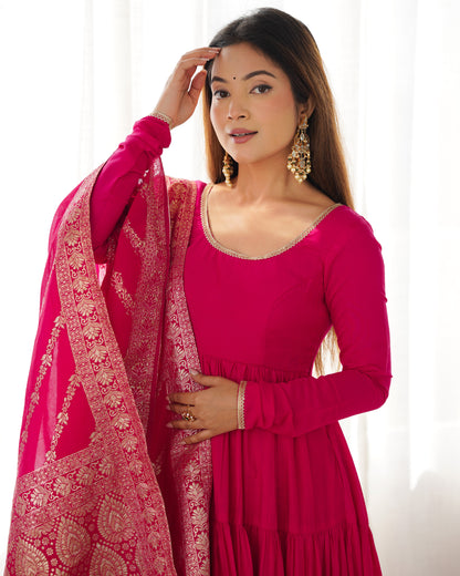 Rani Pink Color Pure Roman Silk Ruffle Style Anarkali Gown