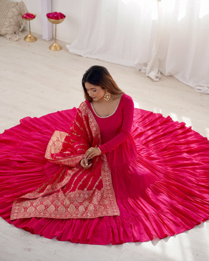 Rani Pink Color Pure Roman Silk Ruffle Style Anarkali Gown