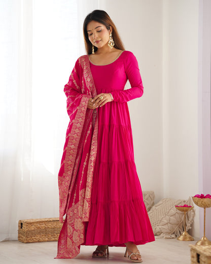 Rani Pink Color Pure Roman Silk Ruffle Style Anarkali Gown