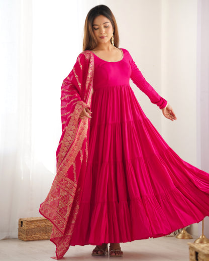 Rani Pink Color Pure Roman Silk Ruffle Style Anarkali Gown