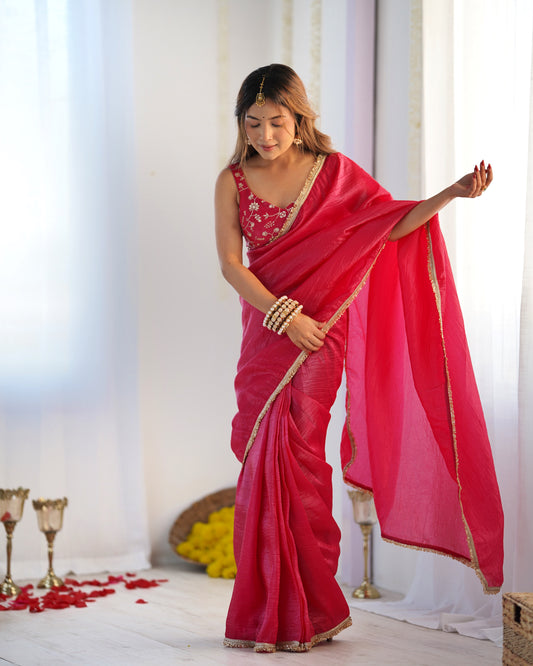 Rani Pink Color Tissue Silk Pre draped Saree