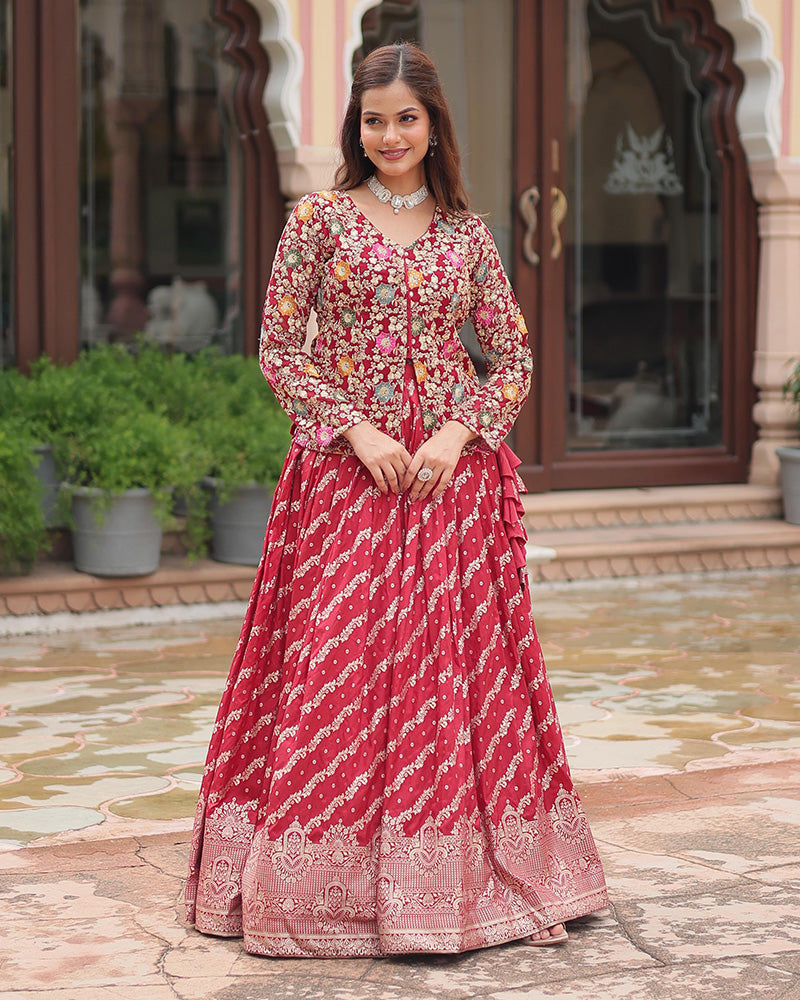 Rani Pink Color Viscose jacquard Crop Top Lehenga Choli