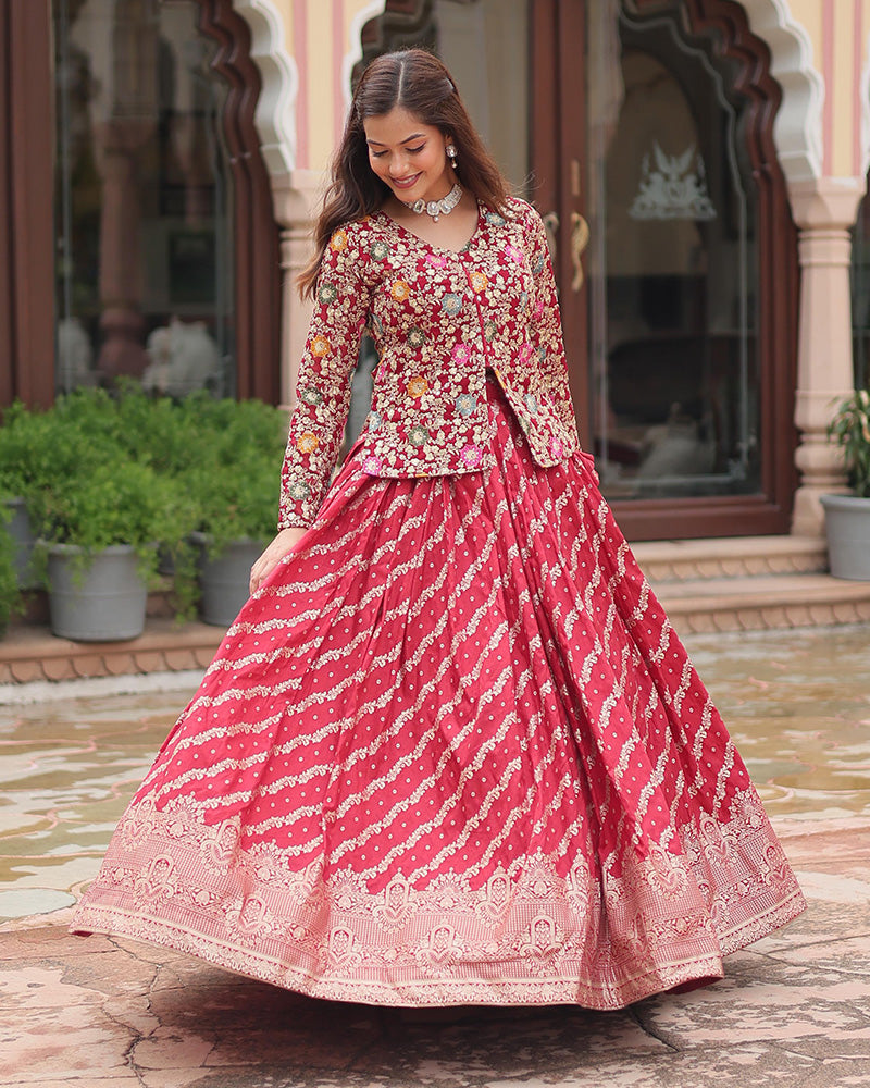 Rani Pink Color Viscose jacquard Crop Top Lehenga Choli