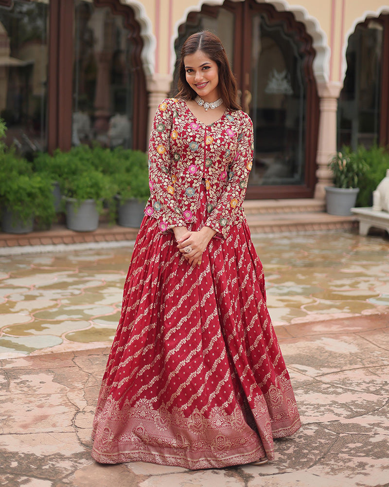 Rani Pink Color Viscose jacquard Crop Top Lehenga Choli