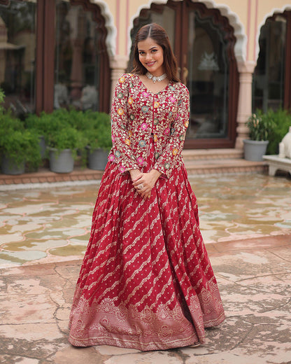 Rani Pink Color Viscose jacquard Crop Top Lehenga Choli