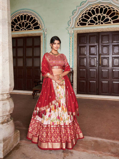 Red Color Floral And Patola Printed With Foil Work Tussar Silk Indian Lehenga Choli