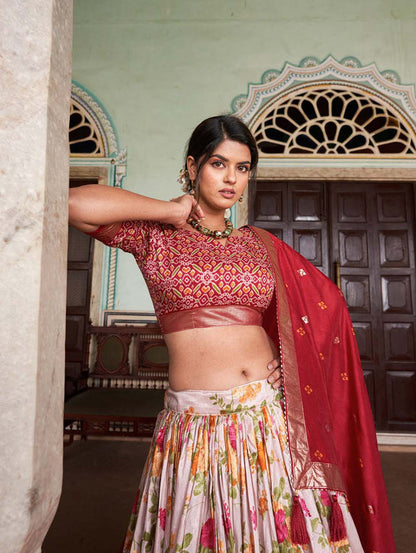 Red Color Floral And Patola Printed With Foil Work Tussar Silk Indian Lehenga Choli
