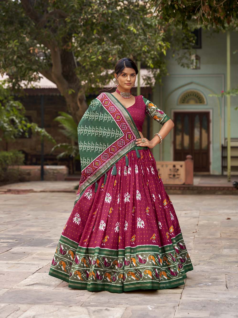 Red Color Patola Print With Foil Work Tussar Silk Lehenga Choli