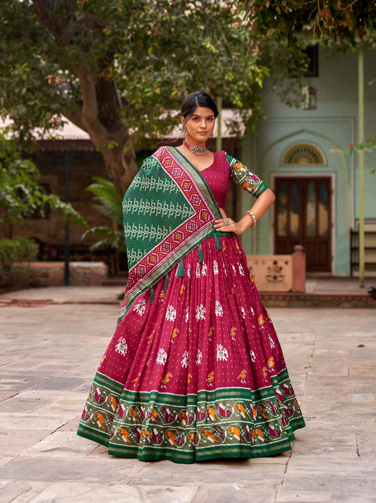 Red Color Patola Print With Foil Work Tussar Silk Lehenga Choli