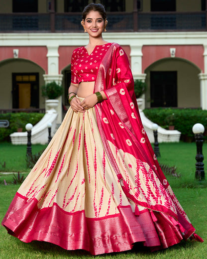 Red Color Dola Silk Shibori Print  South Indian Half Saree Lehenga Choli