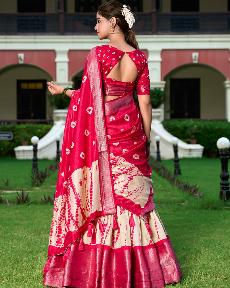 Red Color Dola Silk Shibori Print  South Indian Half Saree Lehenga Choli