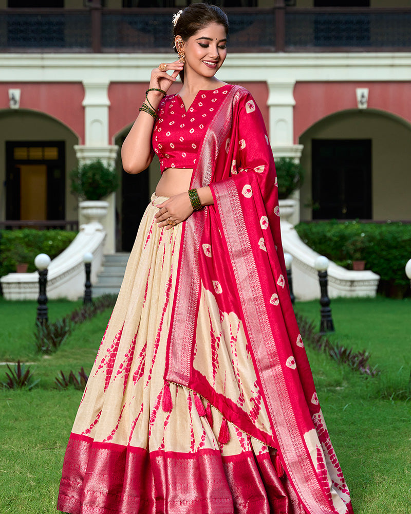 Red Color Dola Silk Shibori Print  South Indian Half Saree Lehenga Choli