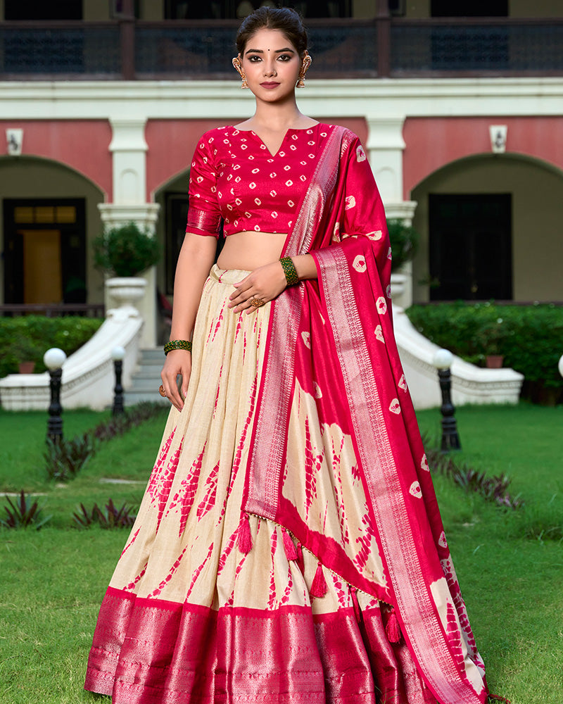 Red Color Dola Silk Shibori Print  South Indian Half Saree Lehenga Choli